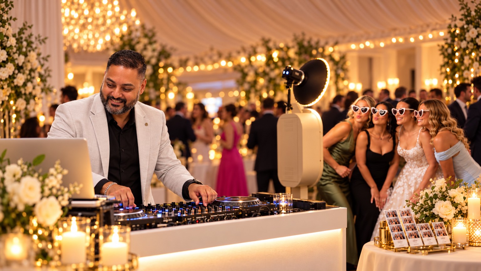 Nav Entertainment DJ and The Selfie Station photobooth together at a wedding celebration, AI-assisted composite