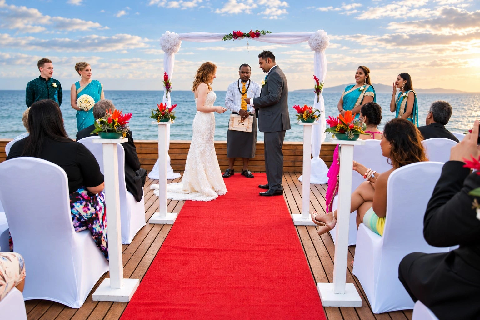 Nav and his wife during their beachside wedding ceremony, standing on the red carpet among their wedding guests
