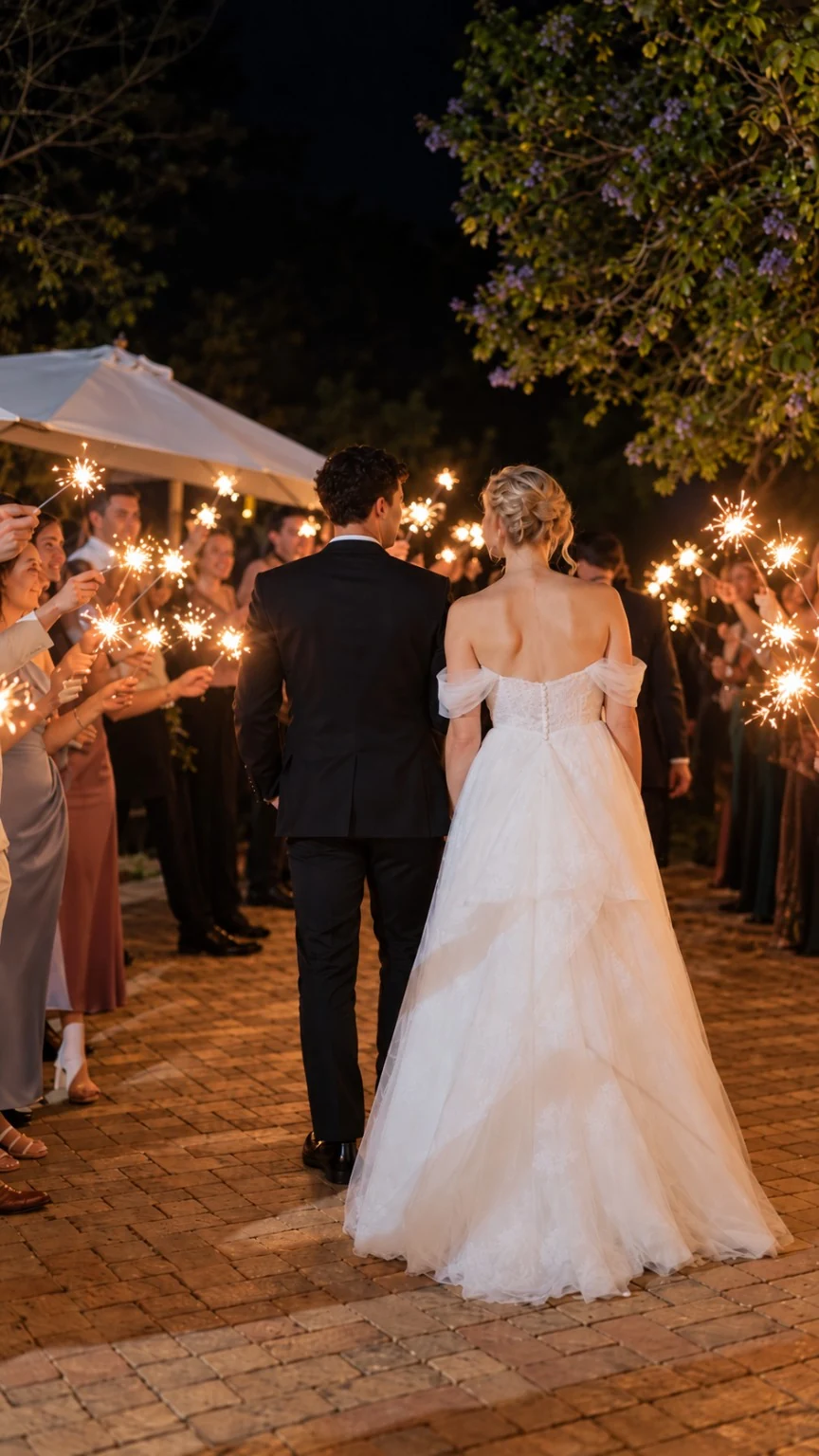 Newlyweds enjoying a sparkler send-off surrounded by family and friends